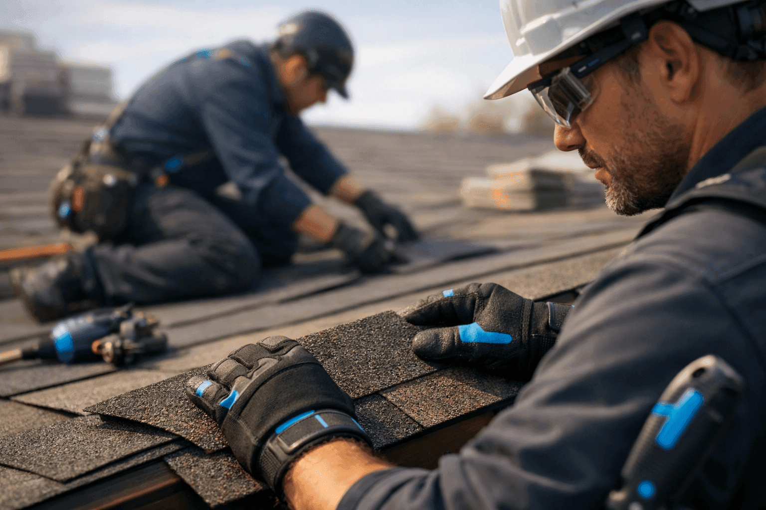 Professional roofer wearing safety gear installing shingles on a clean rooftop